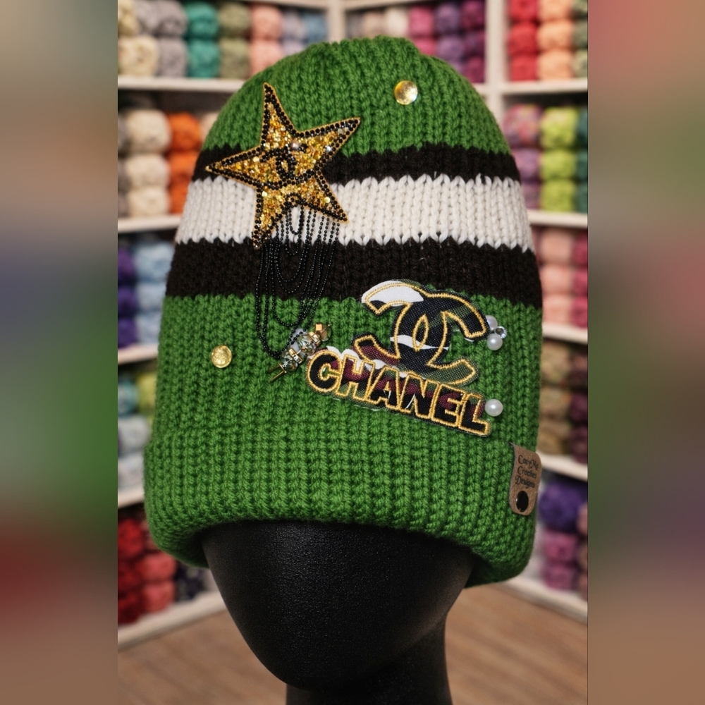 Green and White Knit Beanie with Embellishments